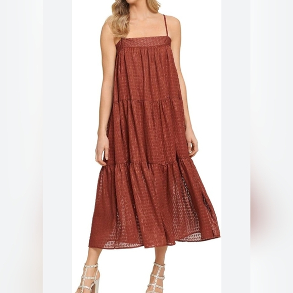 DKNY Metallic Thread Tiered Midi Dress - Burnt Orange Rust - sz L - Picture 6 of 6